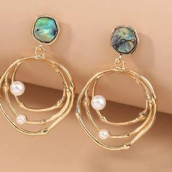 Gold Pearl and Multicolored Stone Earrings - Picture 2 of 3